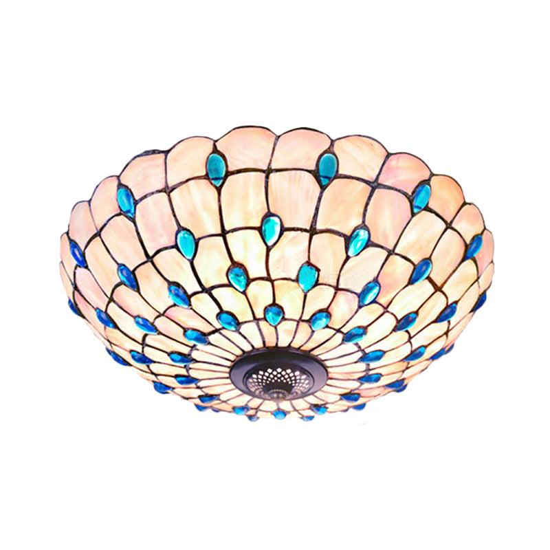 Tiffany Shell Blue Flush Ceiling Light Jeweled Bowl 3/4 Bulbs 16/21 Wide - Stylish Flushmount