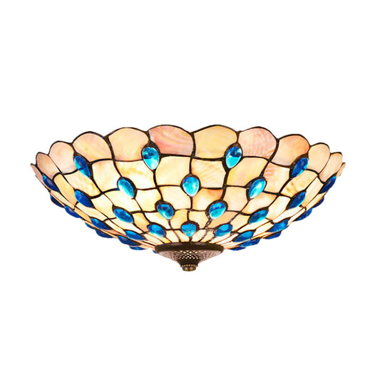 Tiffany Shell Blue Flush Ceiling Light Jeweled Bowl 3/4 Bulbs 16/21 Wide - Stylish Flushmount