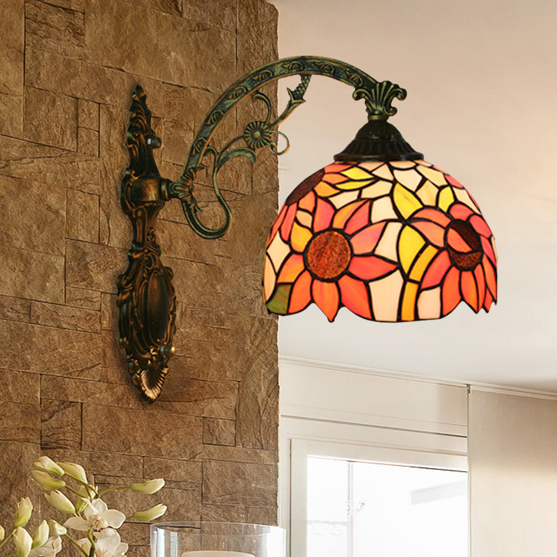 Tiffany Hand-Cut Glass Wall Mount Light Fixture - Rose/Sunflower Design With 1 Red/Green Elegant