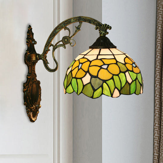 Tiffany Hand-Cut Glass Wall Mount Light Fixture - Rose/Sunflower Design With 1 Red/Green Elegant