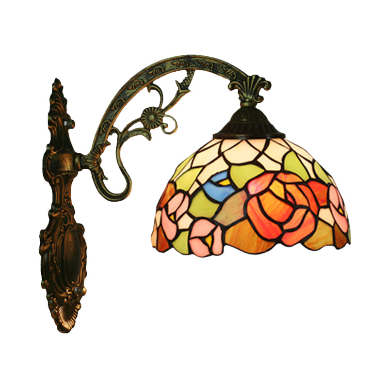 Tiffany Stained Glass Flower Bowl Sconce Light - Red/Pink Wall Mounted Fixture