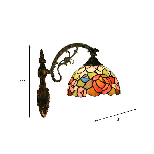 Tiffany Stained Glass Flower Bowl Sconce Light - Red/Pink Wall Mounted Fixture