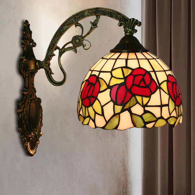 Tiffany Stained Glass Flower Bowl Sconce Light - Red/Pink Wall Mounted Fixture Red