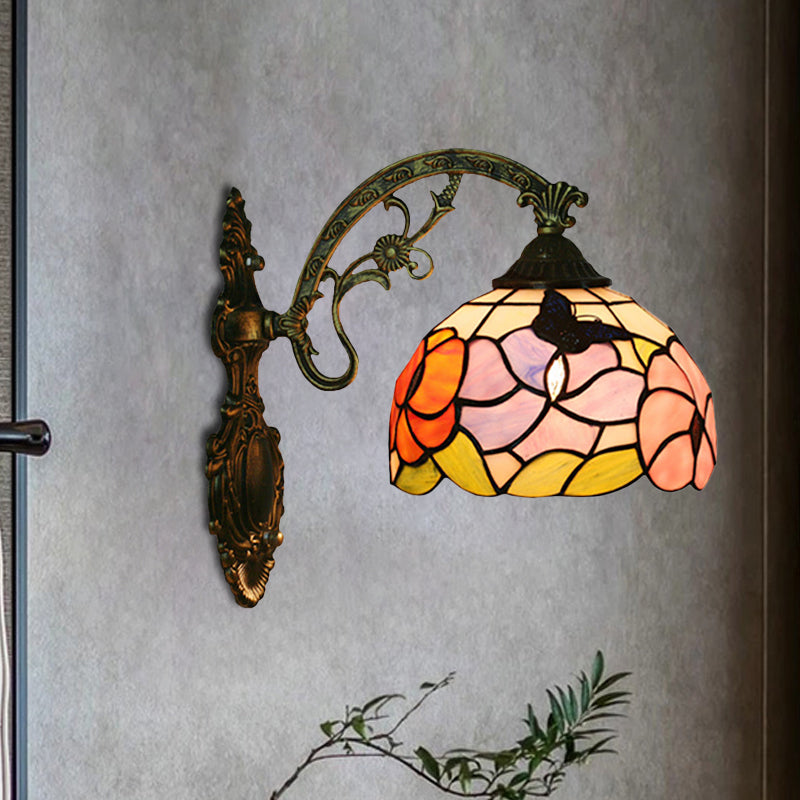 Tiffany Bronze Butterfly And Peony Wall Sconce - Stained Glass Mount Lamp