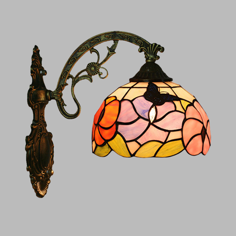 Tiffany Bronze Butterfly And Peony Wall Sconce - Stained Glass Mount Lamp