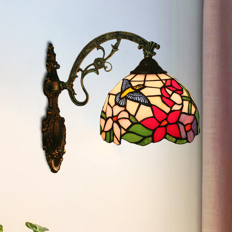 Tiffany Glass Bronze Wall Sconce - Hand-Crafted Magpie And Flowers Design Single Head Light Fixture