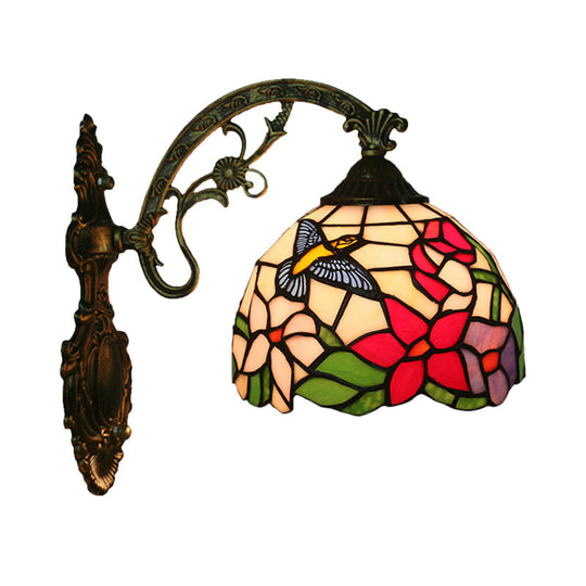 Tiffany Glass Bronze Wall Sconce - Hand-Crafted Magpie And Flowers Design Single Head Light Fixture