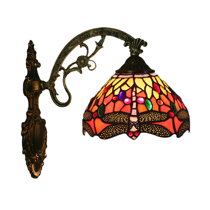 Tiffany Bronze Wall Mounted Lamp With Dragonfly Patterned Glass Shade - Bedroom Sconce Light