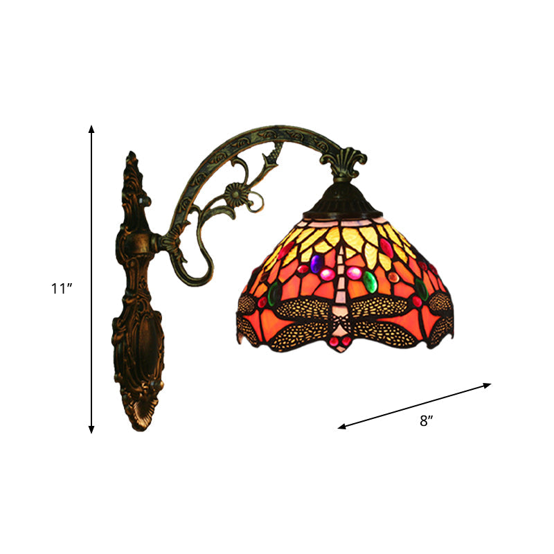 Tiffany Bronze Wall Mounted Lamp With Dragonfly Patterned Glass Shade - Bedroom Sconce Light