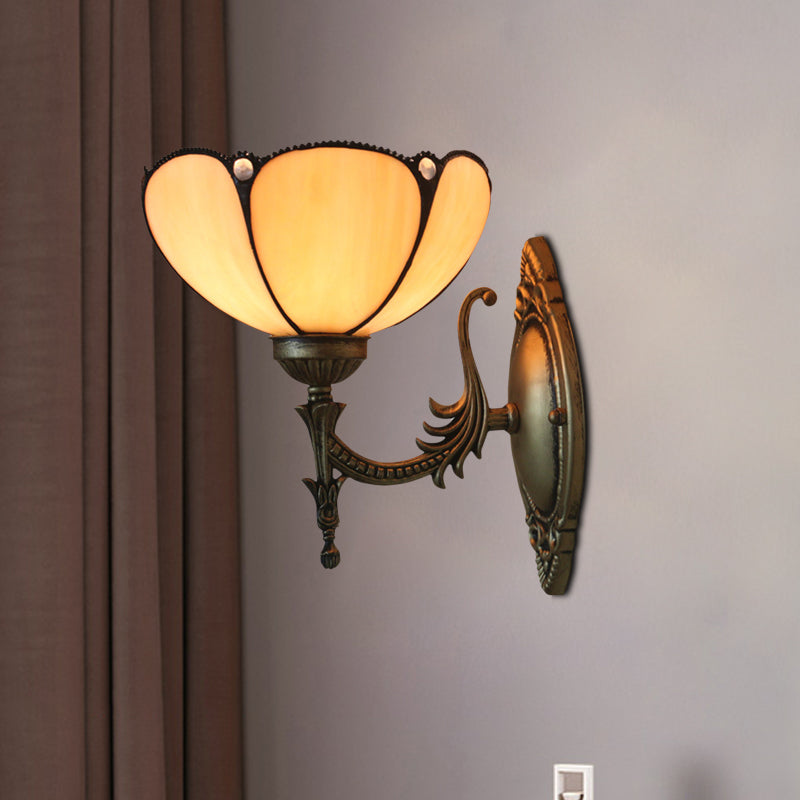 Tiffany Beige/Yellow Glass Wall Sconce Light With Bronze Finish - Flower/Bowl Design 1-Bulb Yellow