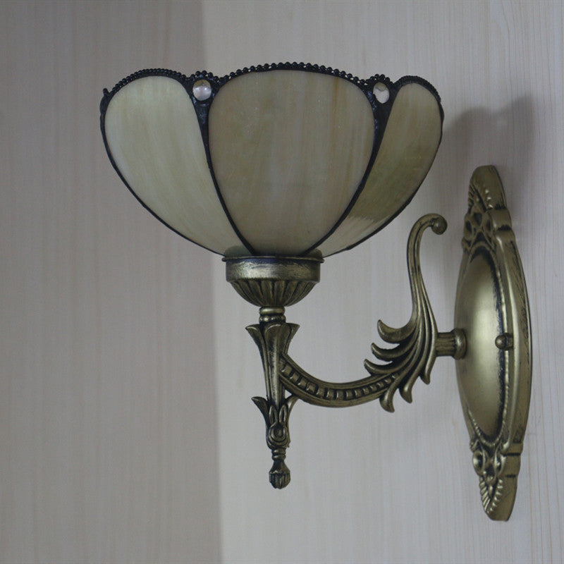 Tiffany Beige/Yellow Glass Wall Sconce Light With Bronze Finish - Flower/Bowl Design 1-Bulb