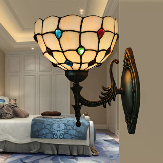 Tiffany Beige/Yellow Glass Wall Sconce Light With Bronze Finish - Flower/Bowl Design 1-Bulb Beige