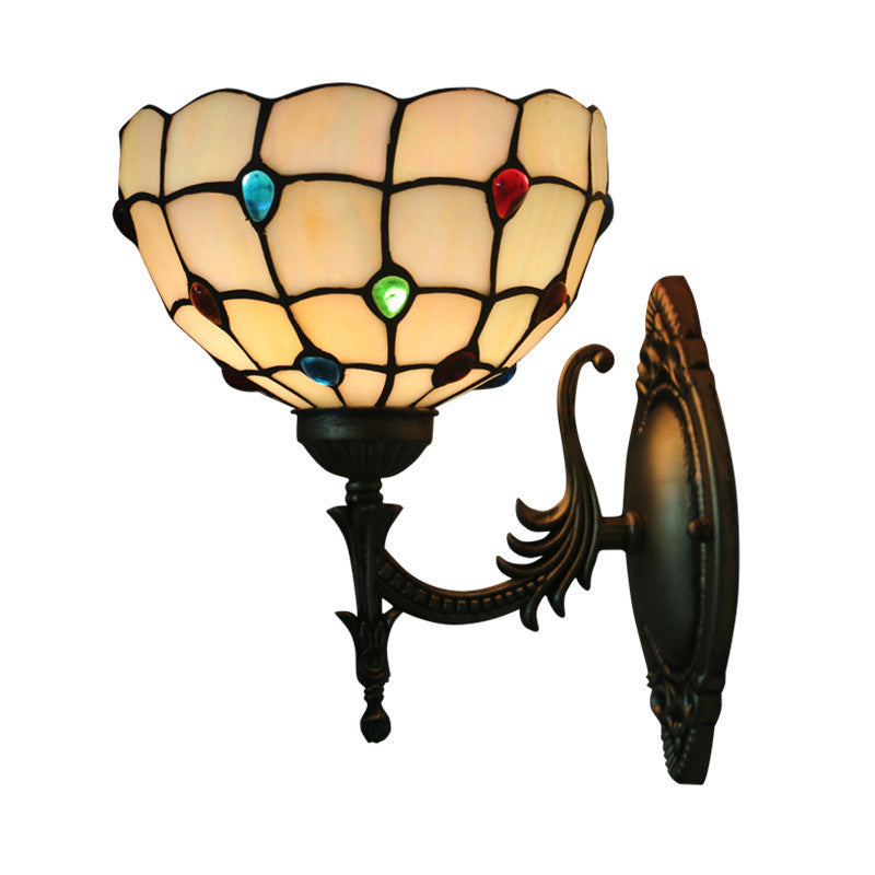 Tiffany Beige/Yellow Glass Wall Sconce Light With Bronze Finish - Flower/Bowl Design 1-Bulb