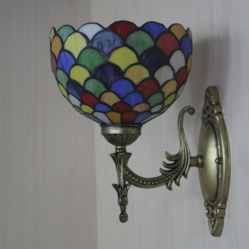 Tiffany Wall Sconce Light - Single-Bulb Stained Glass Fixture In Bronze With Spots And Semicircles