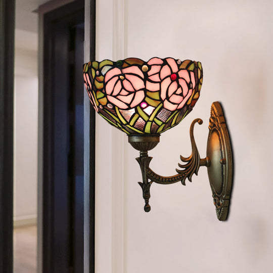Pink Rose Tiffany Stained Glass Wall Mount Sconce With Bronze Carved Arm