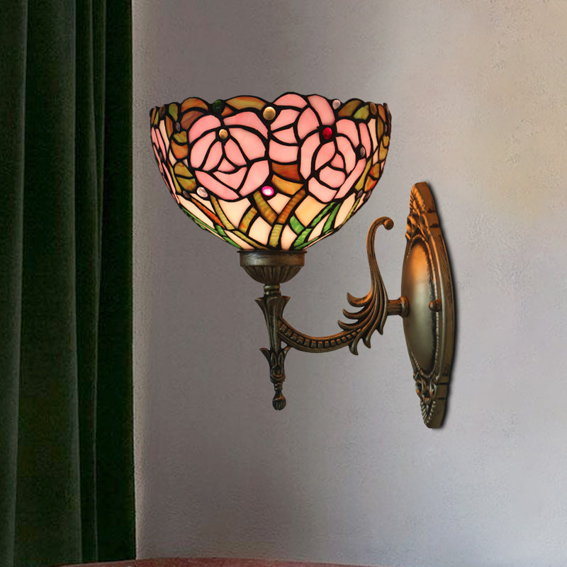 Pink Rose Tiffany Stained Glass Wall Mount Sconce With Bronze Carved Arm / A