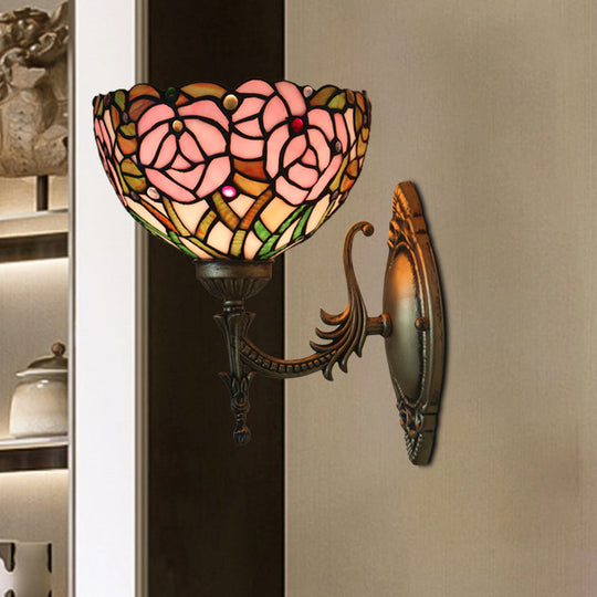 Pink Rose Tiffany Stained Glass Wall Mount Sconce With Bronze Carved Arm