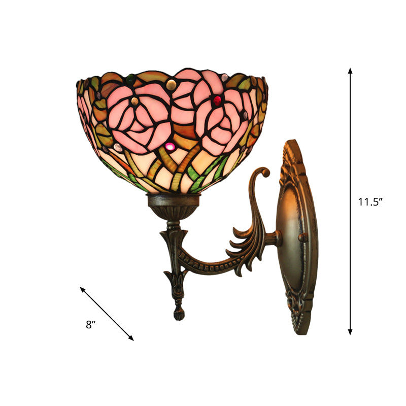 Pink Rose Tiffany Stained Glass Wall Mount Sconce With Bronze Carved Arm