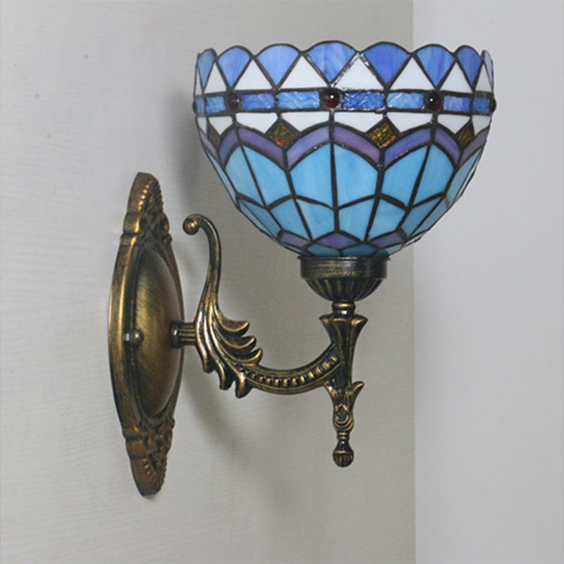 Mediterranean Bronze Bedroom Wall Sconce With Blue Glass Shade - 1-Light Light Fixture