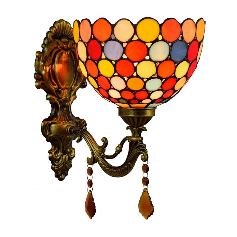 Tiffany Stained Glass Circle Wall Light Sconce With Brass Fixture And Drop Accents