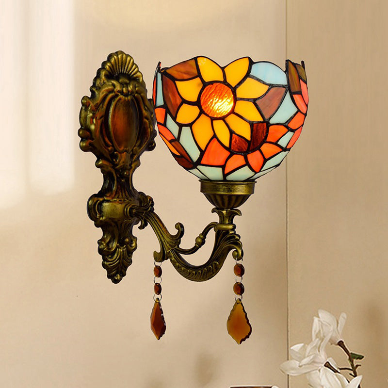Handcrafted Tiffany Wall Mount Light Fixture - Stained Glass Sunflower Sconce Brass 1-Light
