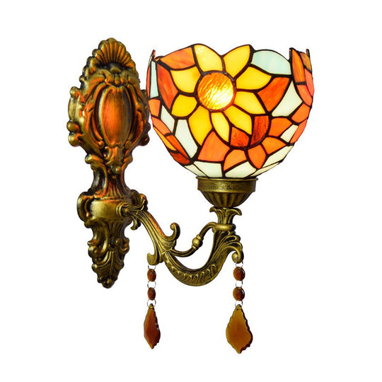 Handcrafted Tiffany Wall Mount Light Fixture - Stained Glass Sunflower Sconce Brass 1-Light