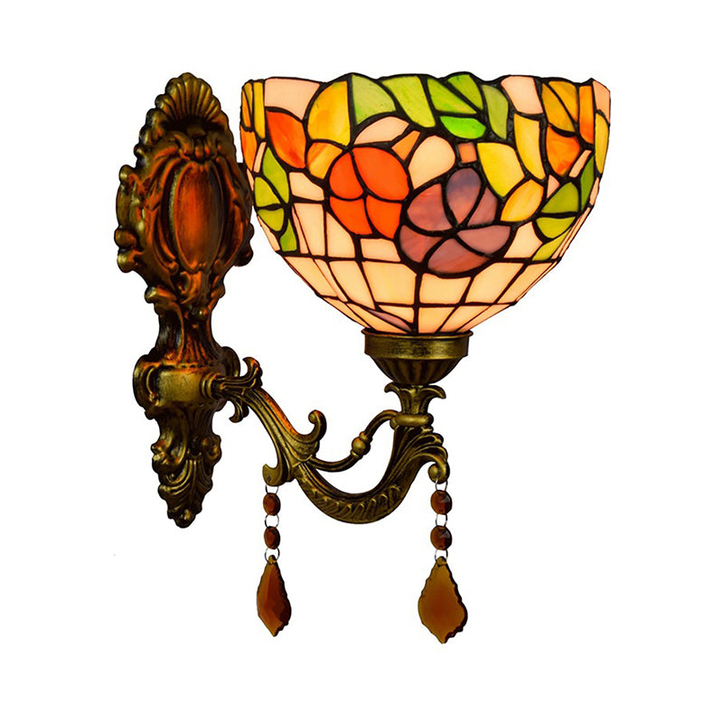 Tiffany Stained Glass Wall Lamp - Leaf-Pattern Bowl Design 1 Head Orange/Purple/Red Mounted Fixture