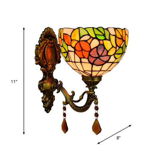 Tiffany Stained Glass Wall Lamp - Leaf-Pattern Bowl Design 1 Head Orange/Purple/Red Mounted Fixture
