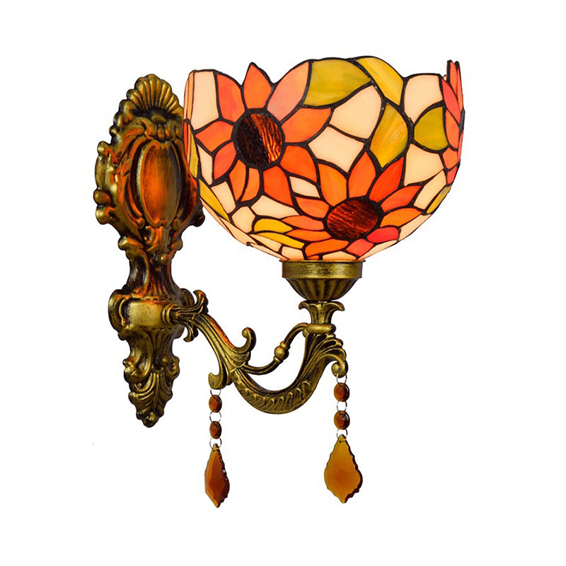 Sunflower Dome Sconce Lamp - Tiffany Style Cut Glass Wall Lighting Fixture With Brass Curved Arm