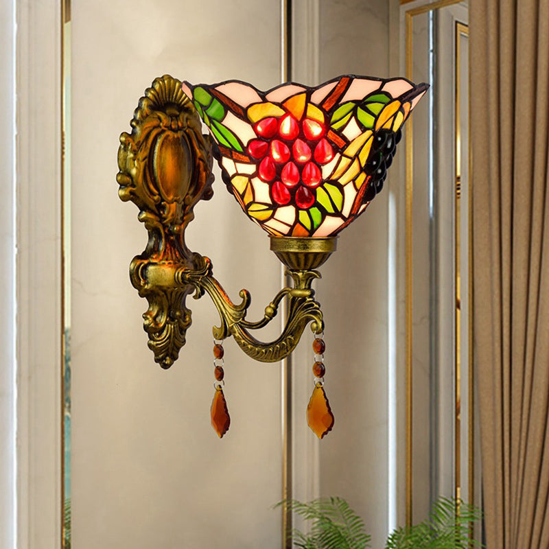 Tiffany Stained Glass Wall Sconce With Grapes Pattern - Single Bulb Brass Mount Light