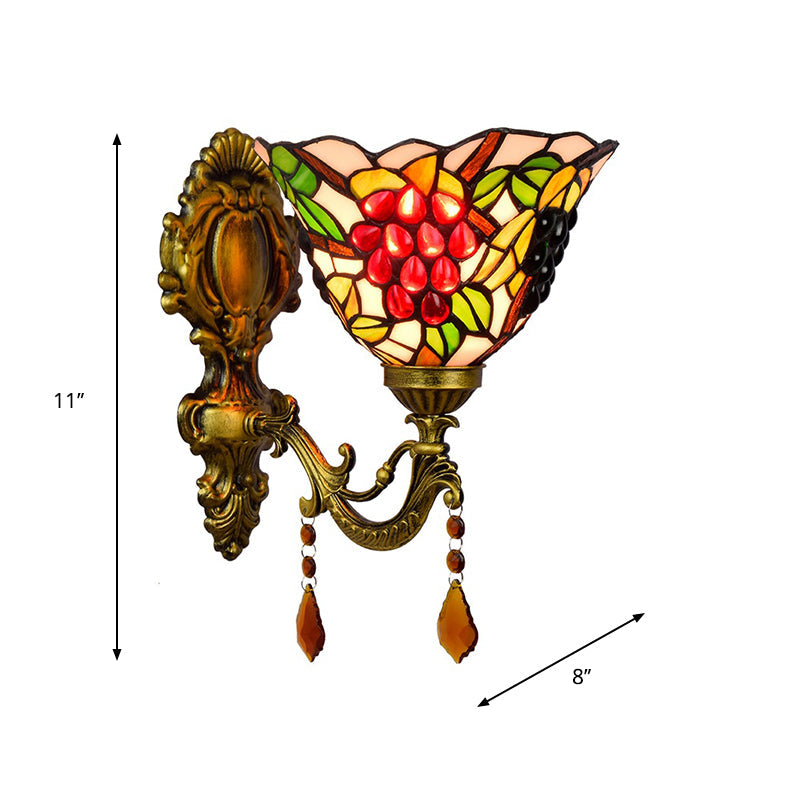 Tiffany Stained Glass Wall Sconce With Grapes Pattern - Single Bulb Brass Mount Light