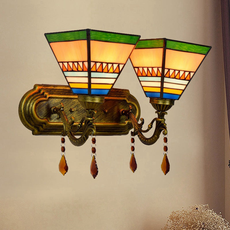 Brass Wall Mounted Lamp With Stained Glass Mission Design And Dual Bulbs