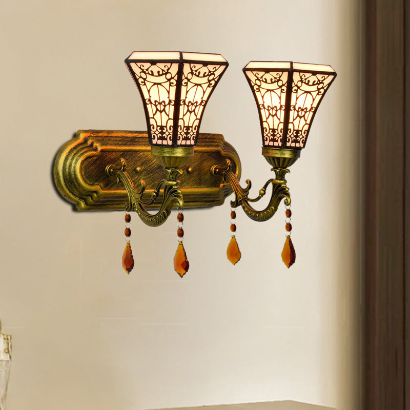 Brass Wall Mounted Lamp With Stained Glass Mission Design And Dual Bulbs / A