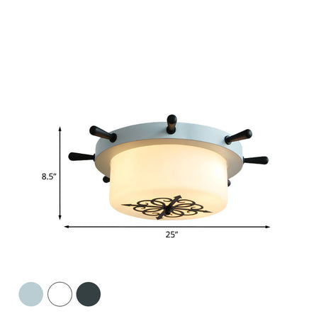 Opal Glass Drum Flush Mount Fixture - 3 Bulbs White/Light Blue/Blackish Green