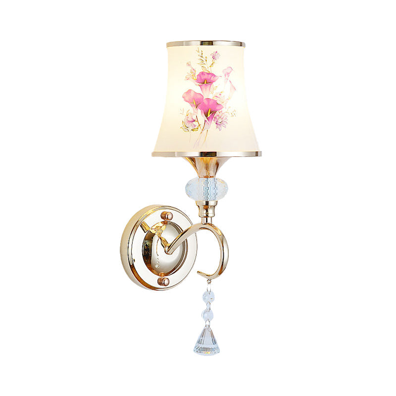 Modernist Gold Wall Mount Lamp With Arced Painted Glass Shade For Bedroom Lighting