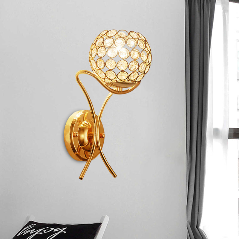 Gold Crystal Encrusted Ball Sconce - Modernist Wall Mount Lamp With 1 Light