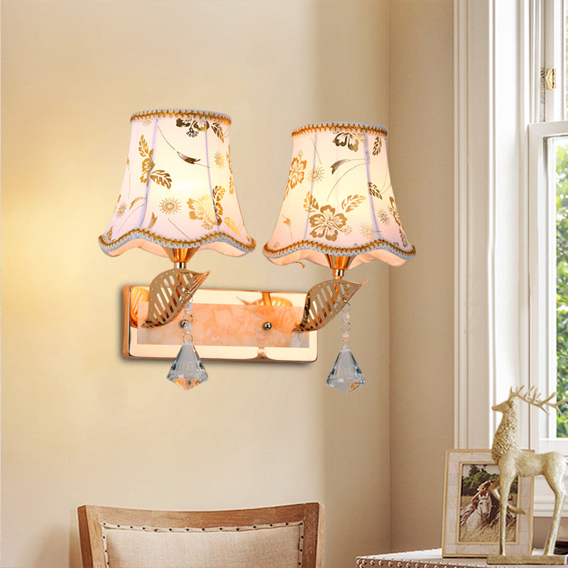 Contemporary 2-Head Wall Lamp In Gold Finish With Patterned Fabric Empire Shade