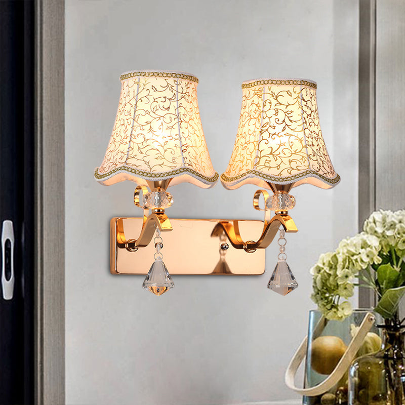 Modernist Wall Mount Light With Empire Fabric Shade And Dual Bulbs For Bedroom Gold