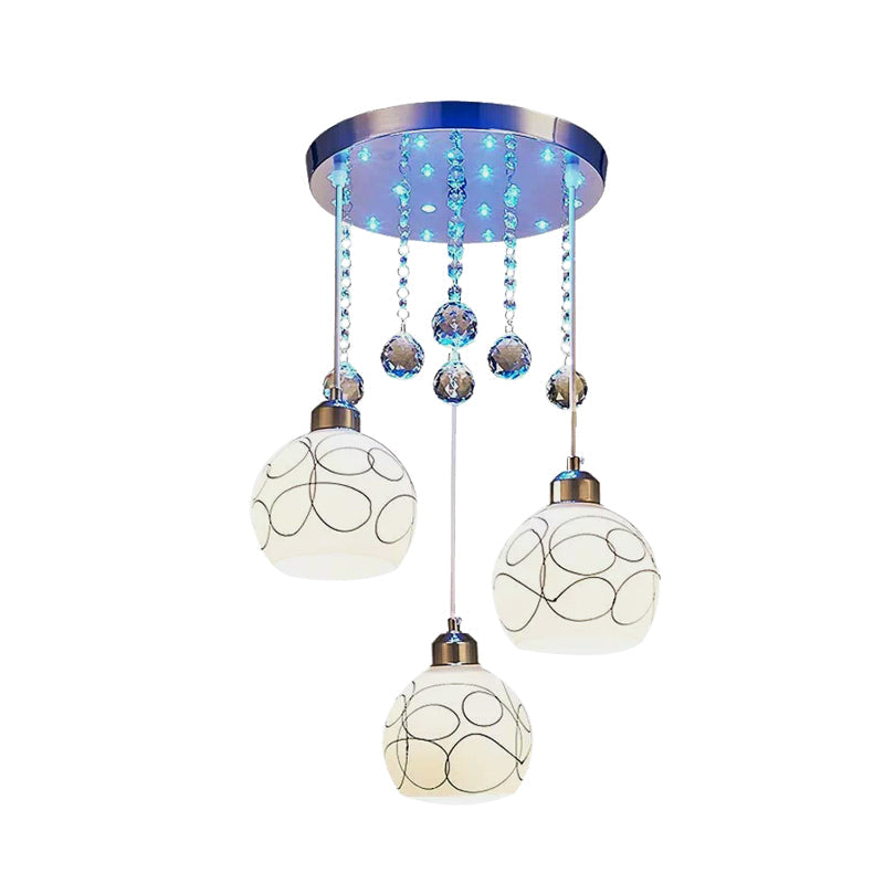 Modern Chrome Ceiling Light with White Glass Shades and Crystal Drops - Perfect for Dining Rooms (Set of 3)