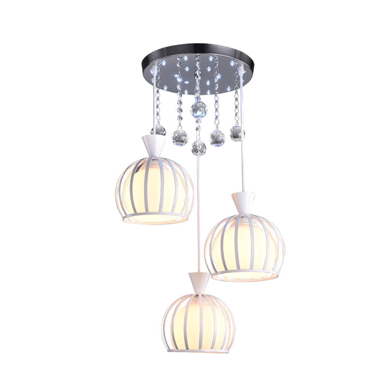 Modern Iron 3-Headed Cage Pendant Light: White Finish with Opal Glass Shade