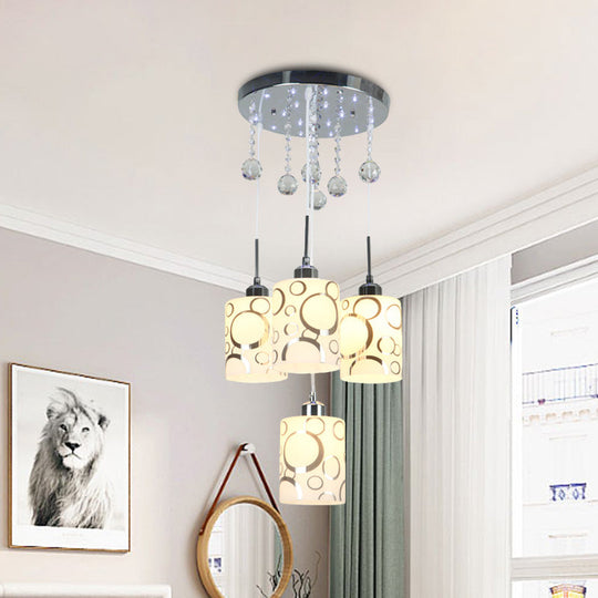 Modern Patterned Glass Cylinder Hanging Lamp With 4 Bulbs And Crystal Drip - Chrome Finish