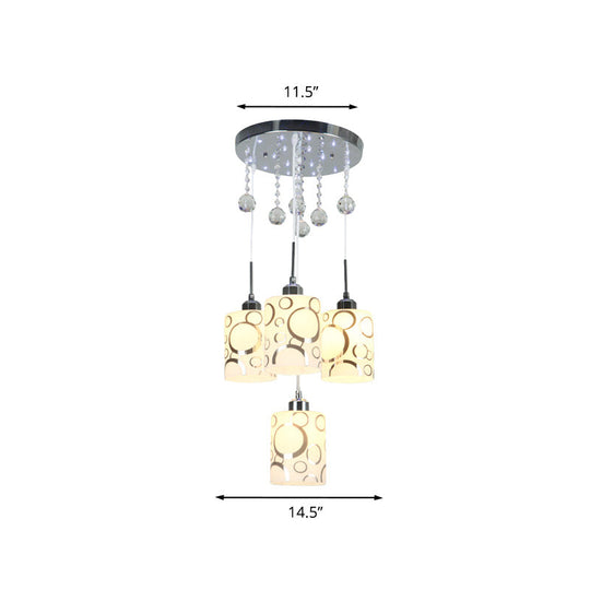 Modern Patterned Glass Cylinder Hanging Lamp With 4 Bulbs And Crystal Drip - Chrome Finish