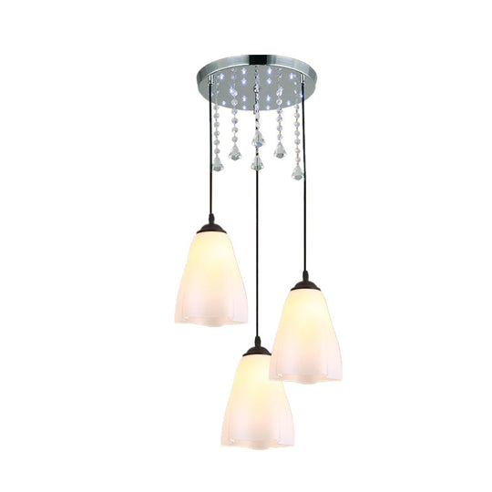 Minimalist 3-Light Black Multi Light Pendant With Floral White Glass And Crystal Accent