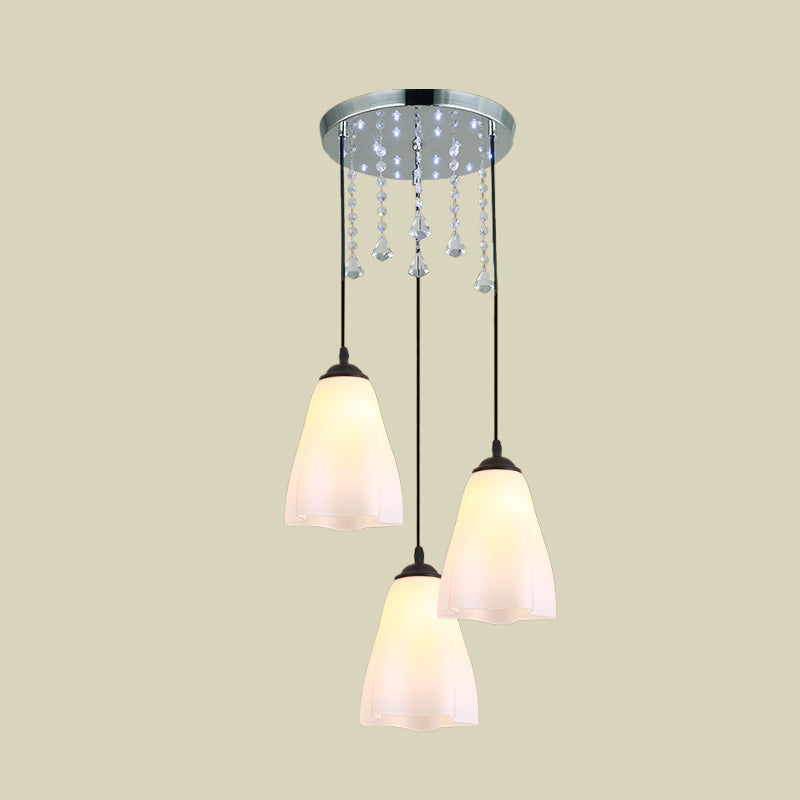 White Floral Glass Multi-Light Pendant with Crystal Accent and Black Minimalist Design