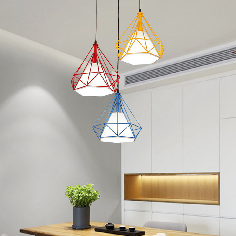 Modern 3-Head Iron Multi Light Ceiling Pendant Lamp - Red-Yellow-Blue Diamond Cage Design