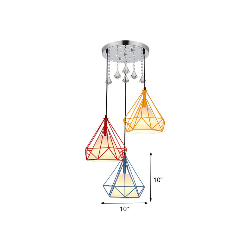 Modern 3-Head Iron Multi Light Ceiling Pendant Lamp - Red-Yellow-Blue Diamond Cage Design