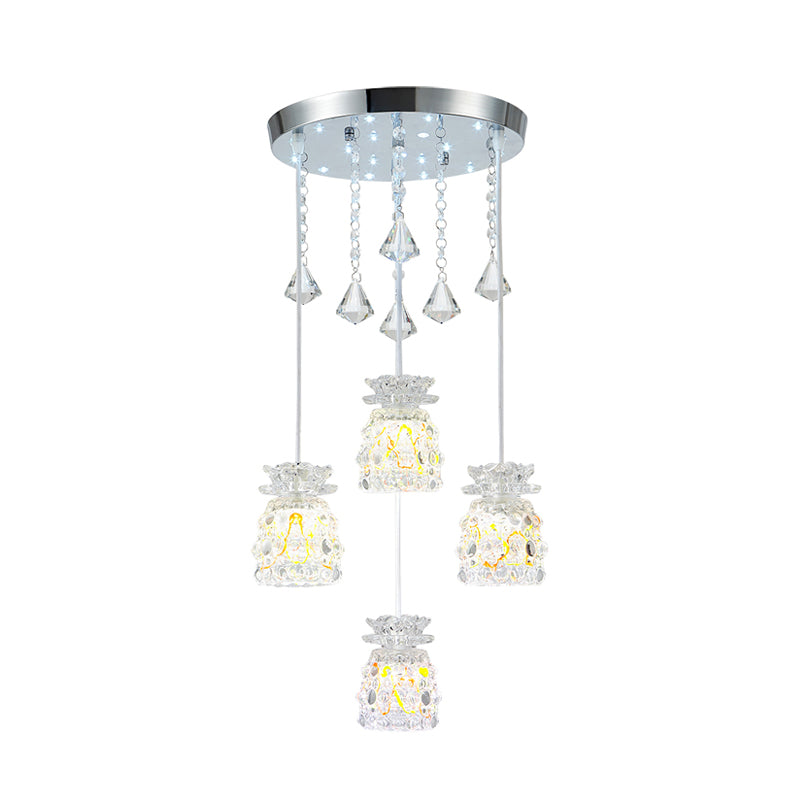 Modern Chrome Cluster Pendant Dining Room Light Kit With Cup-Shape Crystal Shades - 4-Bulb Hanging