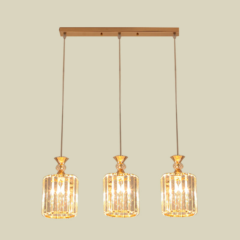 Sleek Gold Cylinder Ceiling Suspension Light With Crystal Prisms - 3-Light Pendant Lamp Fixture