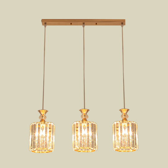 Sleek Gold Cylinder Ceiling Suspension Light With Crystal Prisms - 3-Light Pendant Lamp Fixture