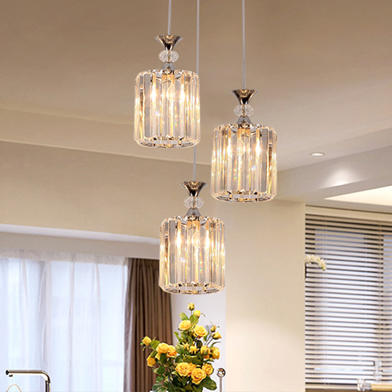 Minimalist Chrome Finish Ceiling Fixture With Clear Crystal Prisms - 3 Head Cylinder Multi-Pendant